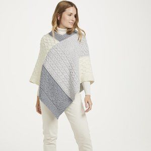 New Aran Super Soft Merino Wool Poncho Gray Cream Color Block (Made in Ireland)